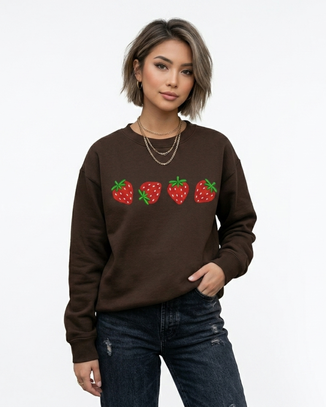 Sudadera Crewneck Marrón Franela 24/1 con Bordado de Fresas
