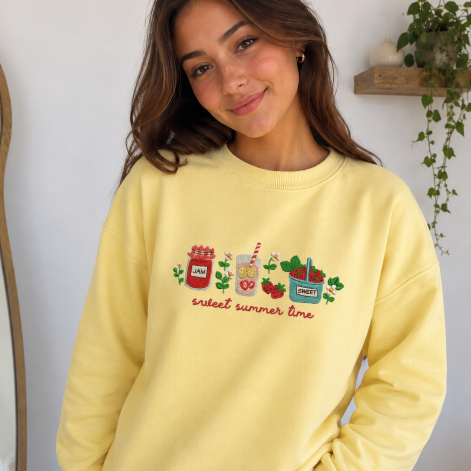Sudadera Franela Premium Amarillo Pastel Bordada Sweet Summer Time para Mujer