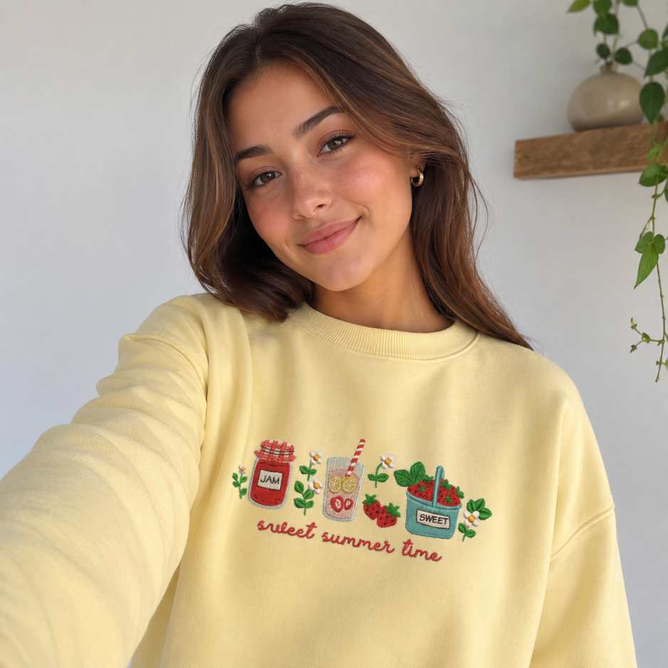 Sudadera Franela Premium Amarillo Pastel Bordada Sweet Summer Time para Mujer