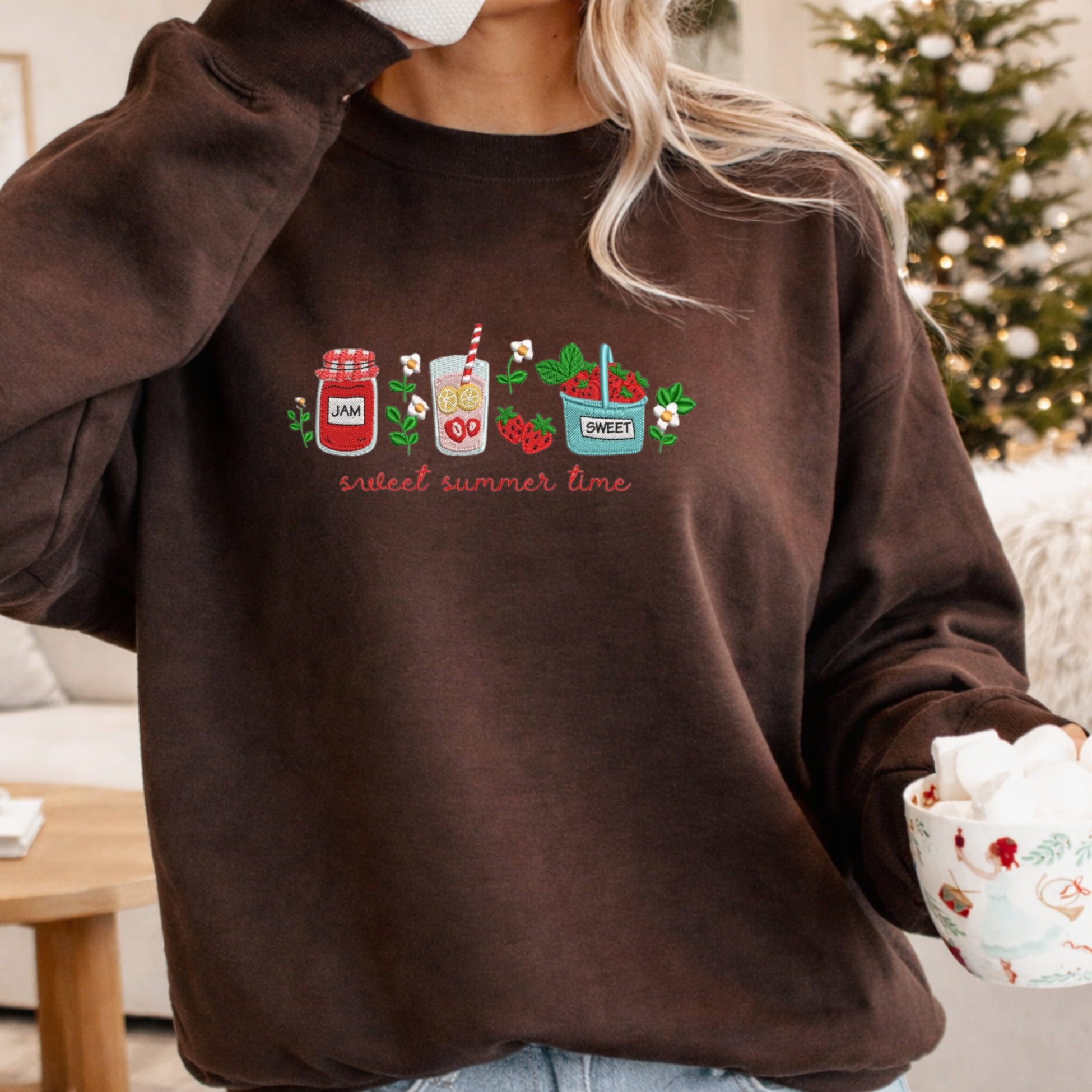 Sudadera Marrón Mujer Bordado Sweet Summer Time Fresas