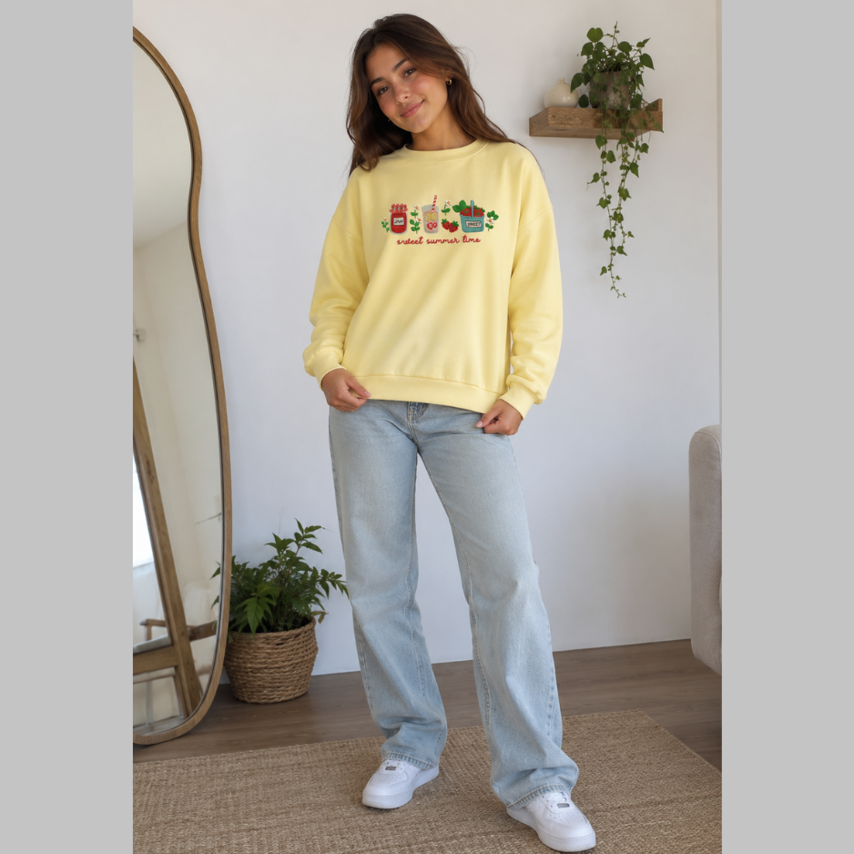 Sudadera Franela Premium Amarillo Pastel Bordada Sweet Summer Time para Mujer