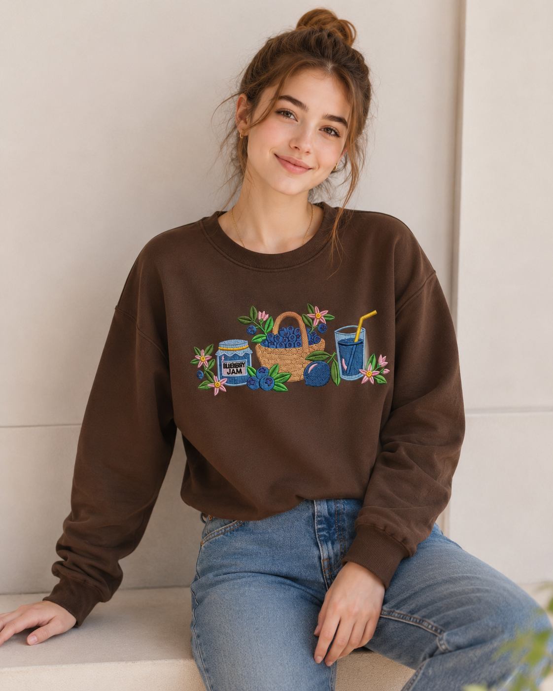 Sudadera Mujer Marrón Bordada Blueberry Cuello Redondo Invierno