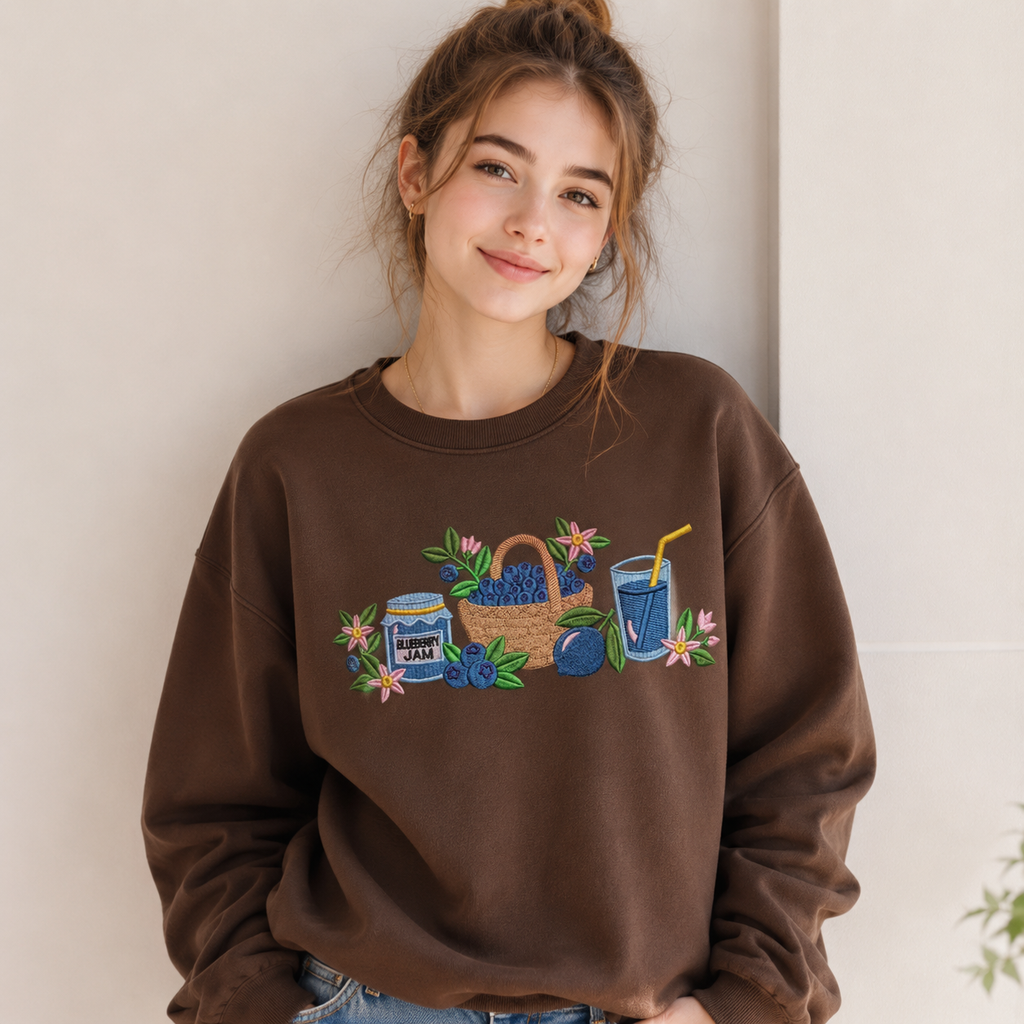 Sudadera Mujer Marrón Bordada Blueberry Cuello Redondo Invierno